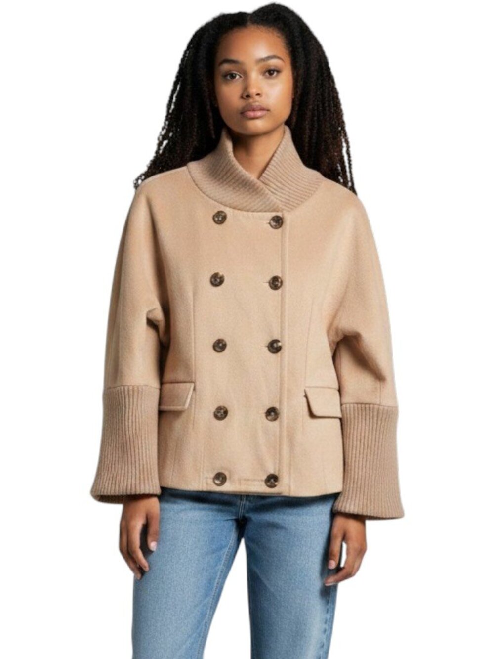 Whim Wool Cashmere Ribbed Collar Cuff Cropped Jacket Double Breasted Camel Tan M